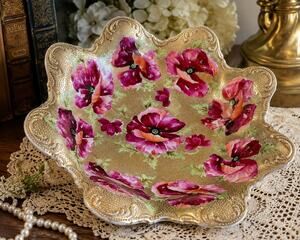 Antique Hand Painted Porcelain Poppy Bowl Gold Moriage Scalloped Rim 11" Unmarke